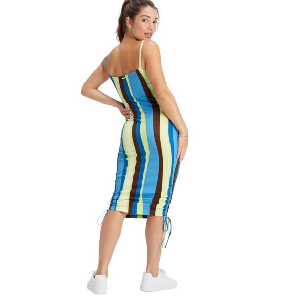 Fabletics Live-In Spaghetti Strap Dress Size Medium Wavy Stripe Blue Midi Fitted - Picture 2 of 15